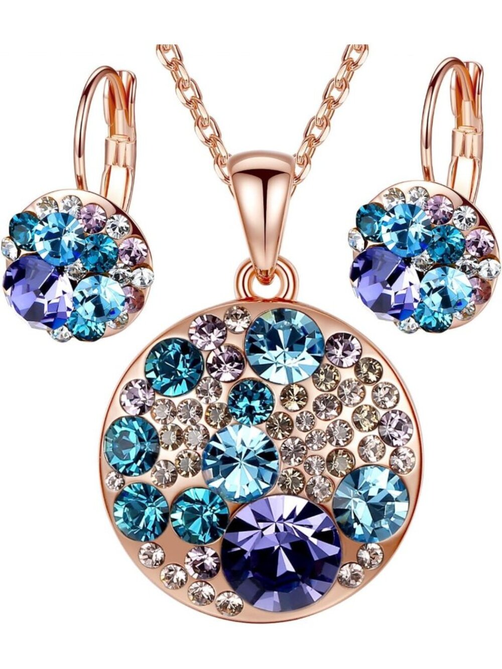 Elegant Crystal Jewelry Set for Women - Pendant Necklace & Earrings, Silver/Rose
